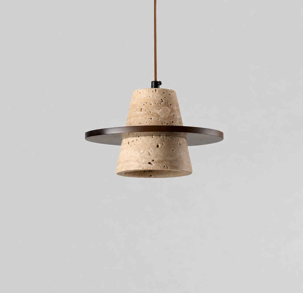 Travora Wabi Pendant Light – Natural Travertine Stone Ceiling Lamp | Japandi Ambient Lighting | Sculptural Interior Elegance — light off, digitally edited atmosphere preview