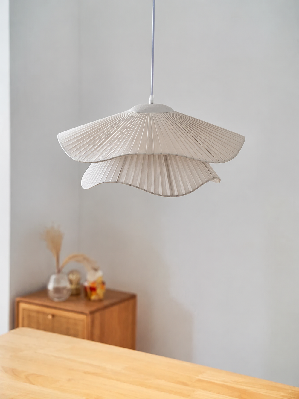 Nordic Linen Pendant Light – Scandinavian Fabric Ceiling Lamp | Soft Ambient Lighting | Japandi Interior Elegance — light off, digitally edited atmosphere preview