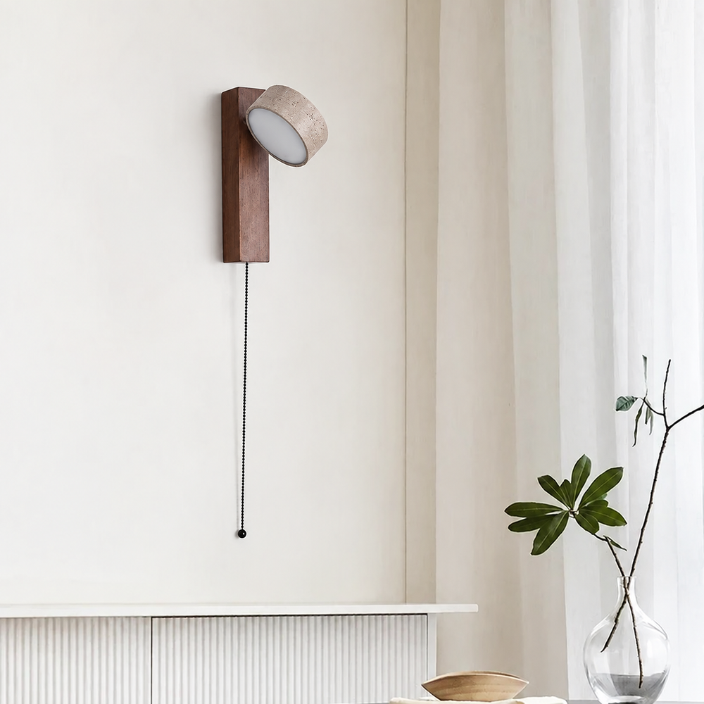 Zenora Pull Wall Light – Natural Stone & Walnut LED Lamp | Japandi Bedside Lighting | Minimalist Interior Elegance — light off, digitally edited atmosphere preview