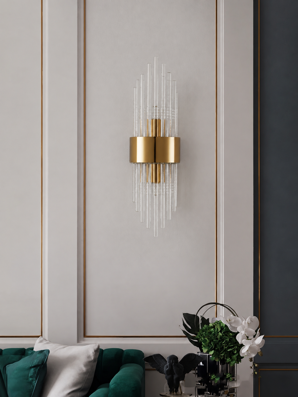 Crystal Noir Wall Light – Luxury Crystal LED Wall Lamp | Modern Stainless Steel Lighting | Elegant Interior Statement — light off, digitally edited atmosphere preview