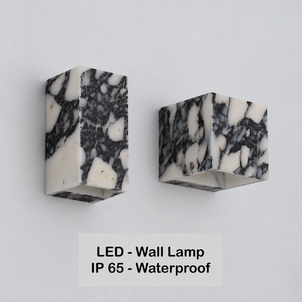 MarbleAura Outdoor Wall Light – Natural Marble LED Wall Lamp | IP65 Waterproof Lighting | Modern Architectural Accent — light off, digitally edited atmosphere preview