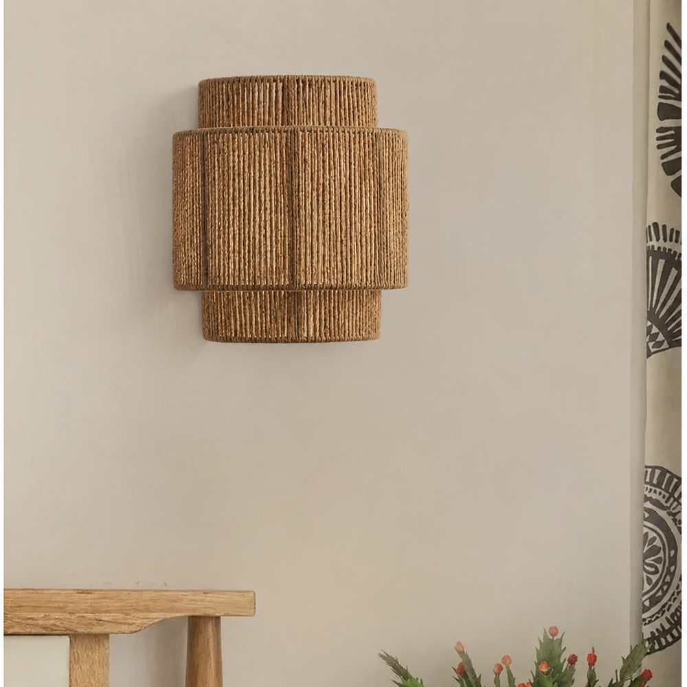MoriRope Wall Light – Handcrafted Hemp Rope Wall Lamp | Rustic Ambient Lighting | Natural Artisan Décor — light off, digitally edited atmosphere preview