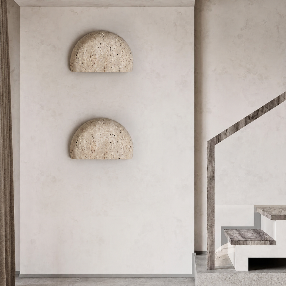 WABIKU Stone Wall Light – Wabi-Sabi LED Wall Lamp | Natural Stone Ambient Lighting | Japanese Zen Interior Design — light off, digitally edited atmosphere preview