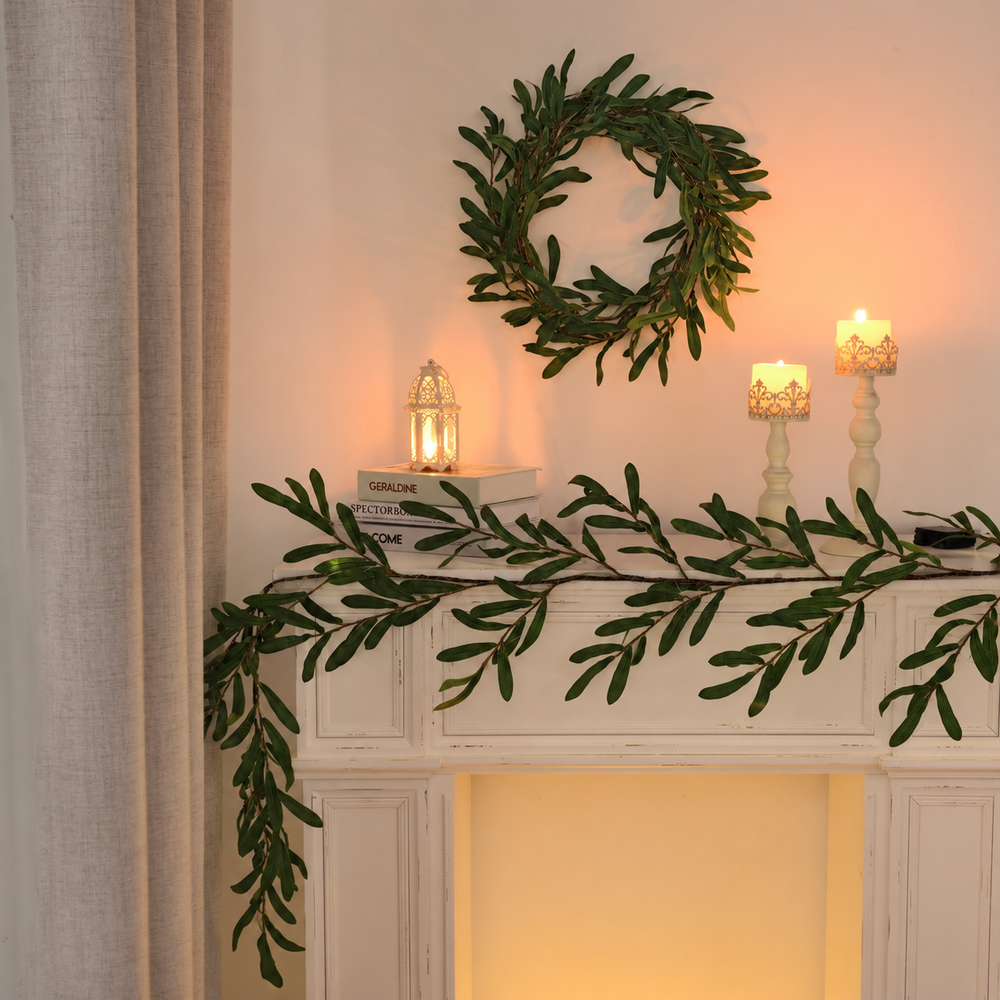 Olive Glow LED Garland – Mediterranean Lighted Branch | Warm White Decorative Fairy Lights — light off, digitally edited atmosphere preview