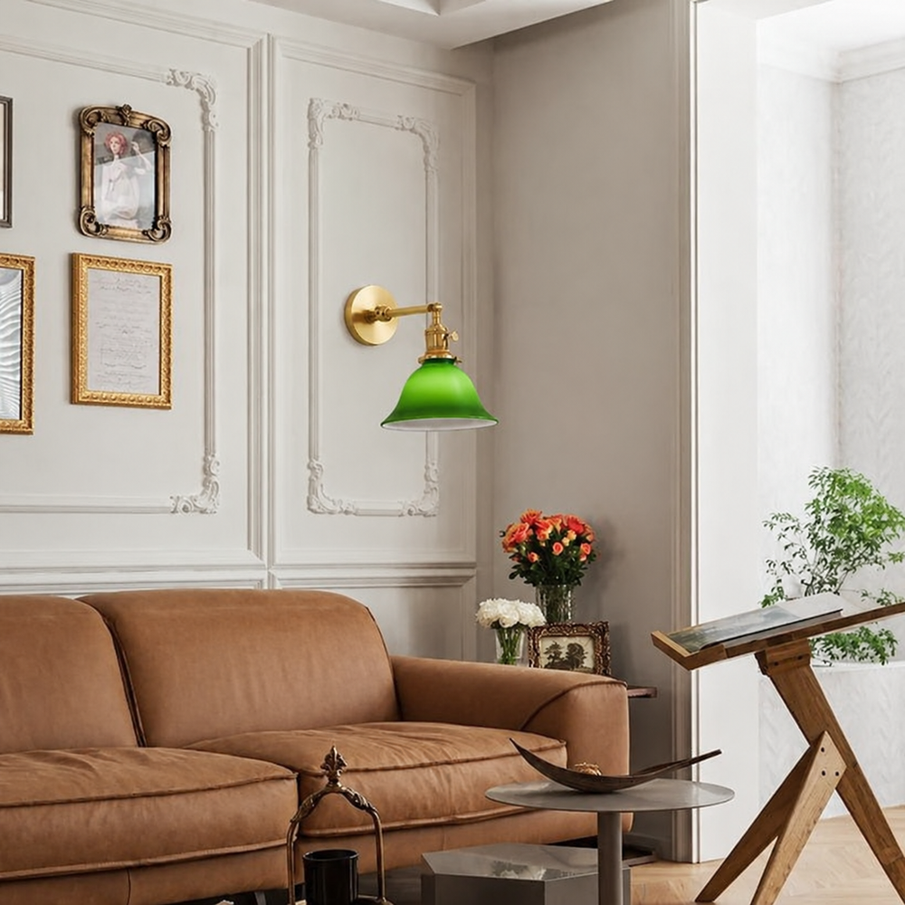 Heritage Green Wall Light – Adjustable Vintage Brass Sconce | Classic Glass Accent Lighting — light off, digitally edited atmosphere preview