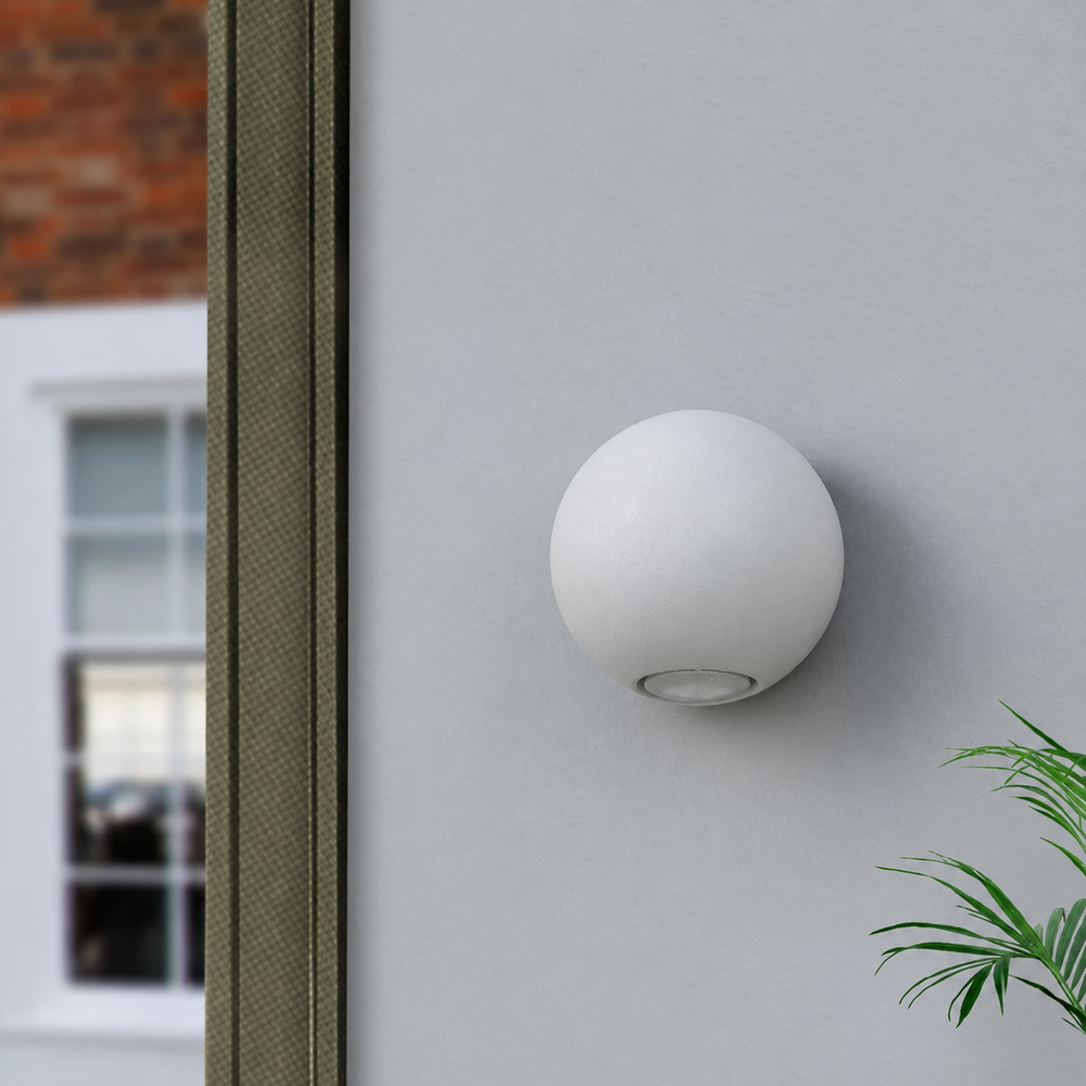 Orion Aluminium Globe Wall Light – Modern Outdoor LED Wall Lamp | IP65 Weatherproof | Contemporary Architectural Lighting — light off, digitally edited atmosphere preview