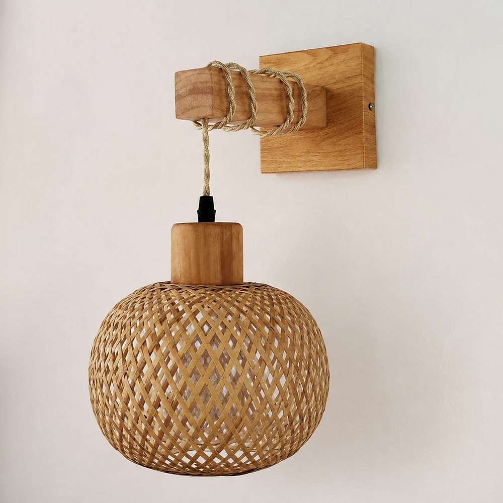BambooAura Wall Light – Handwoven Bamboo Wall Lamp | Japandi Natural Accent Lighting — light off, digitally edited atmosphere preview