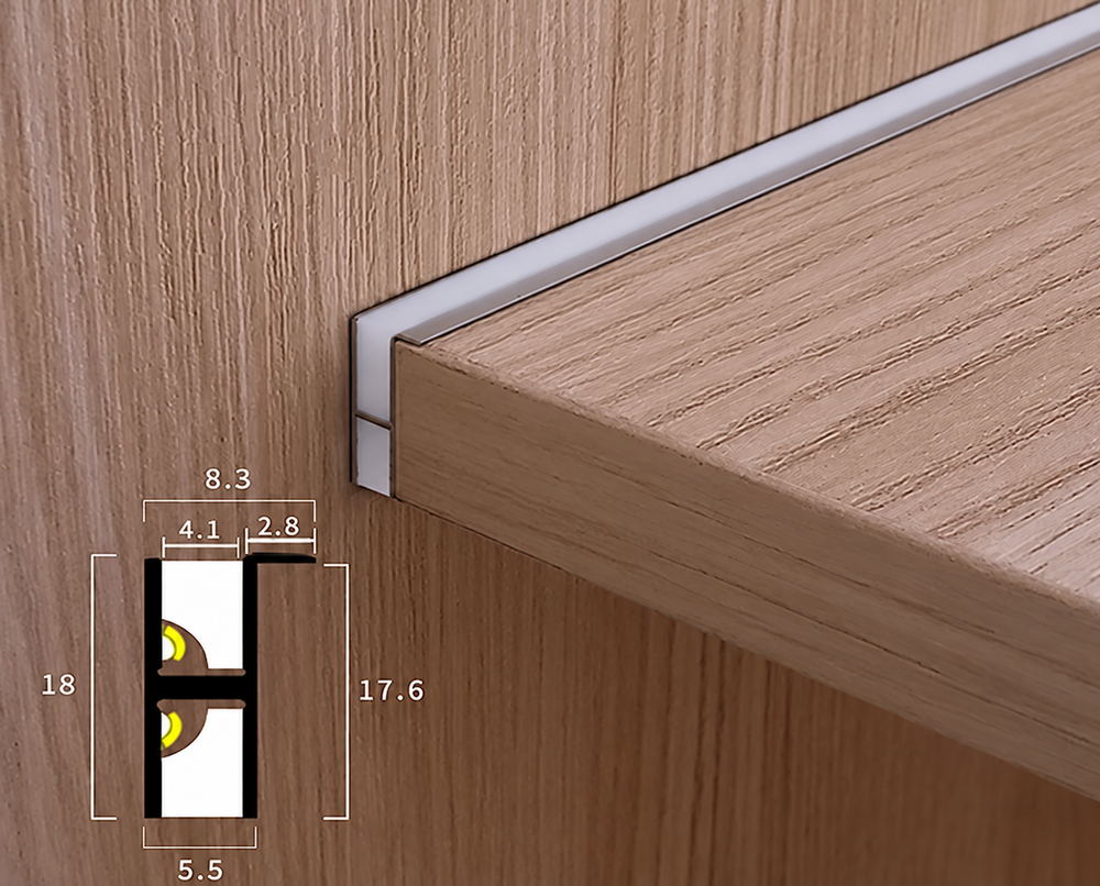 EdgeGlow Pro LED Shelf Light – Invisible Cabinet Lighting | Dimmable Warm White Display Illumination — light off, digitally edited atmosphere preview