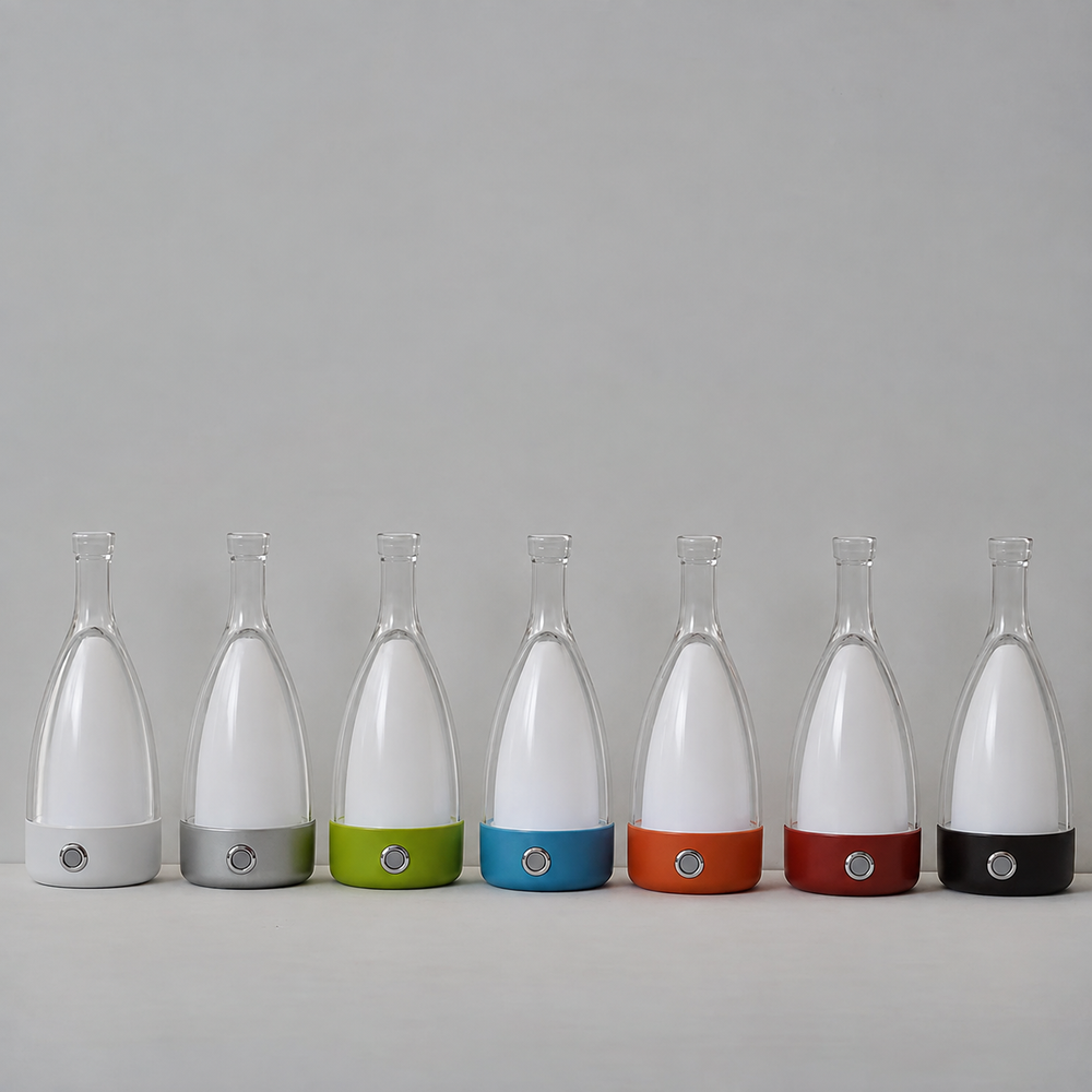 VinoGlow Rechargeable Table Lamp – Decorative Bottle Light | Dimmable Ambient LED Design — light off, digitally edited atmosphere preview