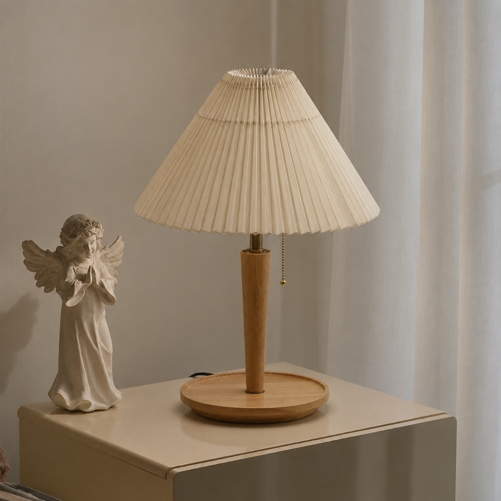 Walden Pleated Table Lamp – Vintage Wooden Lighting | Mid-Century Ambient Design — light off, digitally edited atmosphere preview