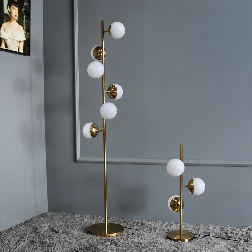 Auric Orbit Floor Lamp – Modern Glass Globe Lighting | Luxury Gold Statement Design — light off, digitally edited atmosphere preview