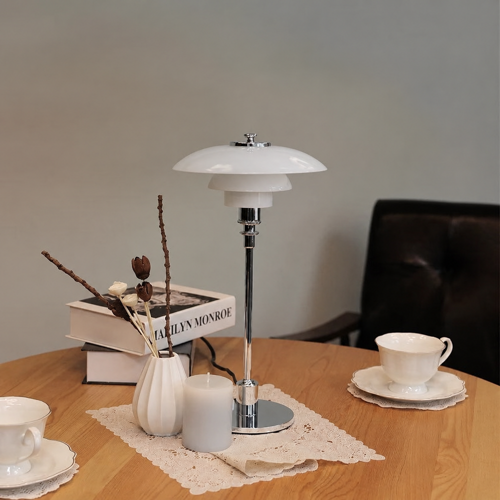 Disc Multilayer Metal Table Lamp – Layered Elegance with Atmospheric Lighting — light off, digitally edited atmosphere preview