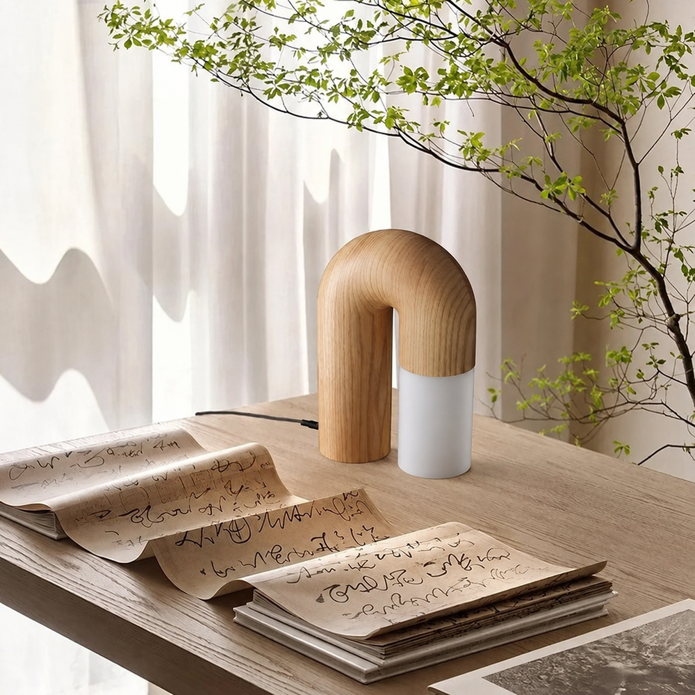 ArcForma Designer Table Lamp – Contemporary Curved Lighting | Modern Wooden Accent Lamp — light off, digitally edited atmosphere preview