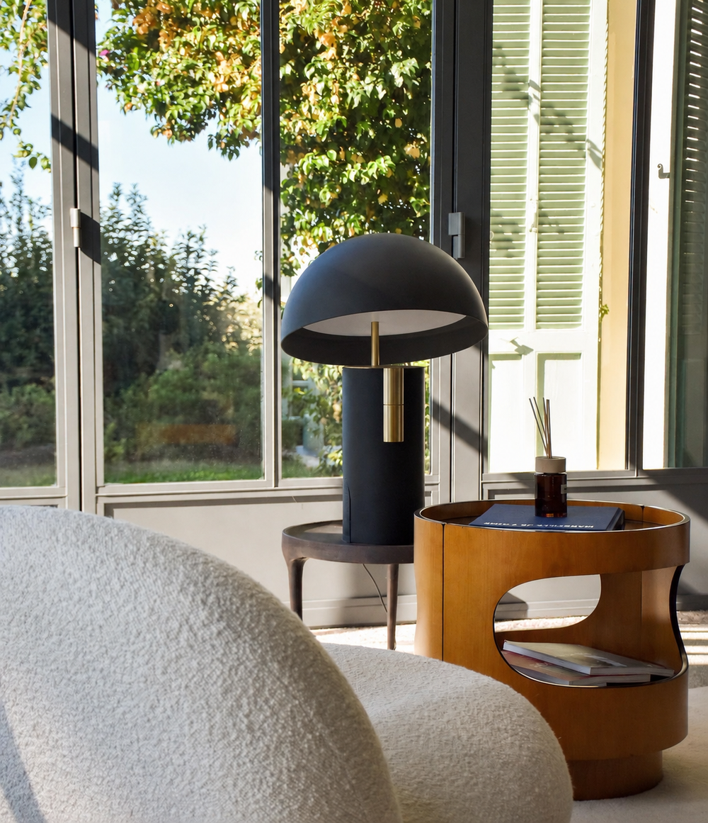 Orion Luxe Glass Table Lamp – Contemporary LED Accent Lighting | Premium Stainless Steel Design — light off, digitally edited atmosphere preview