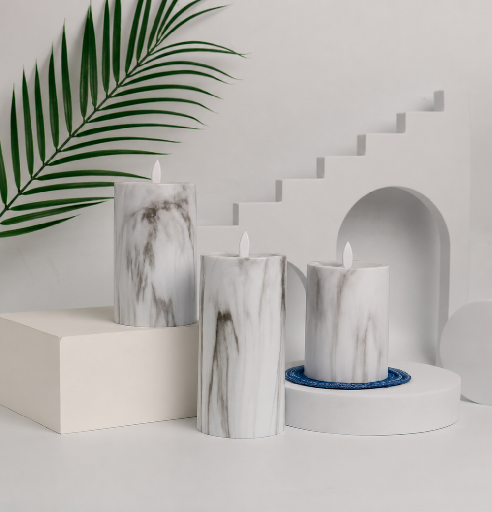 MarbleGlow LED Candle Set – 3 Piece Flameless Marble Effect Candles | Warm White Decorative Lighting — light off, digitally edited atmosphere preview