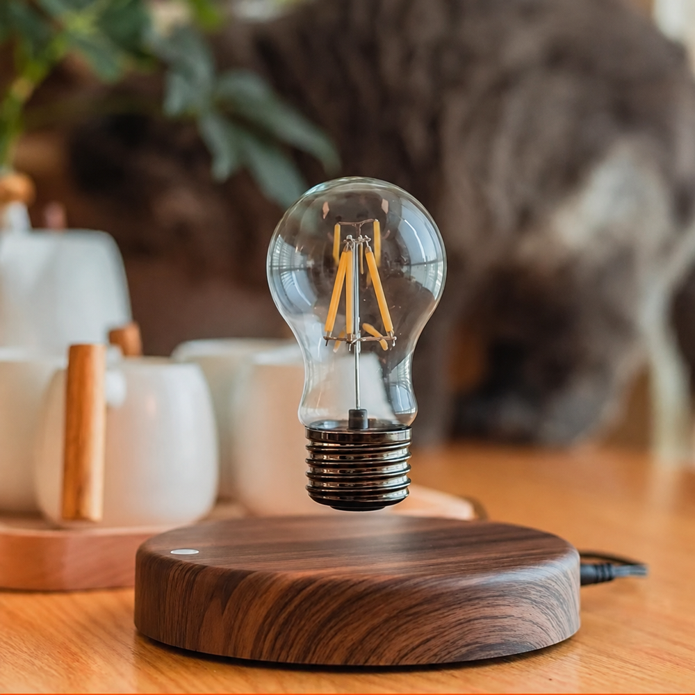 AeroLume Levitating Bulb Lamp – Floating LED Edison Light with Magnetic Suspension | Designer Ambient Lighting — light off, digitally edited atmosphere preview