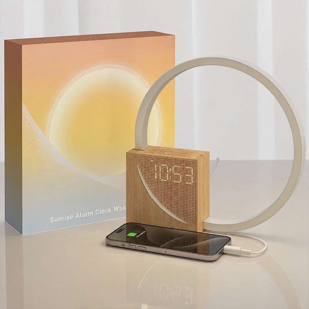LumiClock Touch Bedside Lamp – LED Alarm Clock Night Light | Modern Wooden Table Lamp with Touch Control — light off, digitally edited atmosphere preview