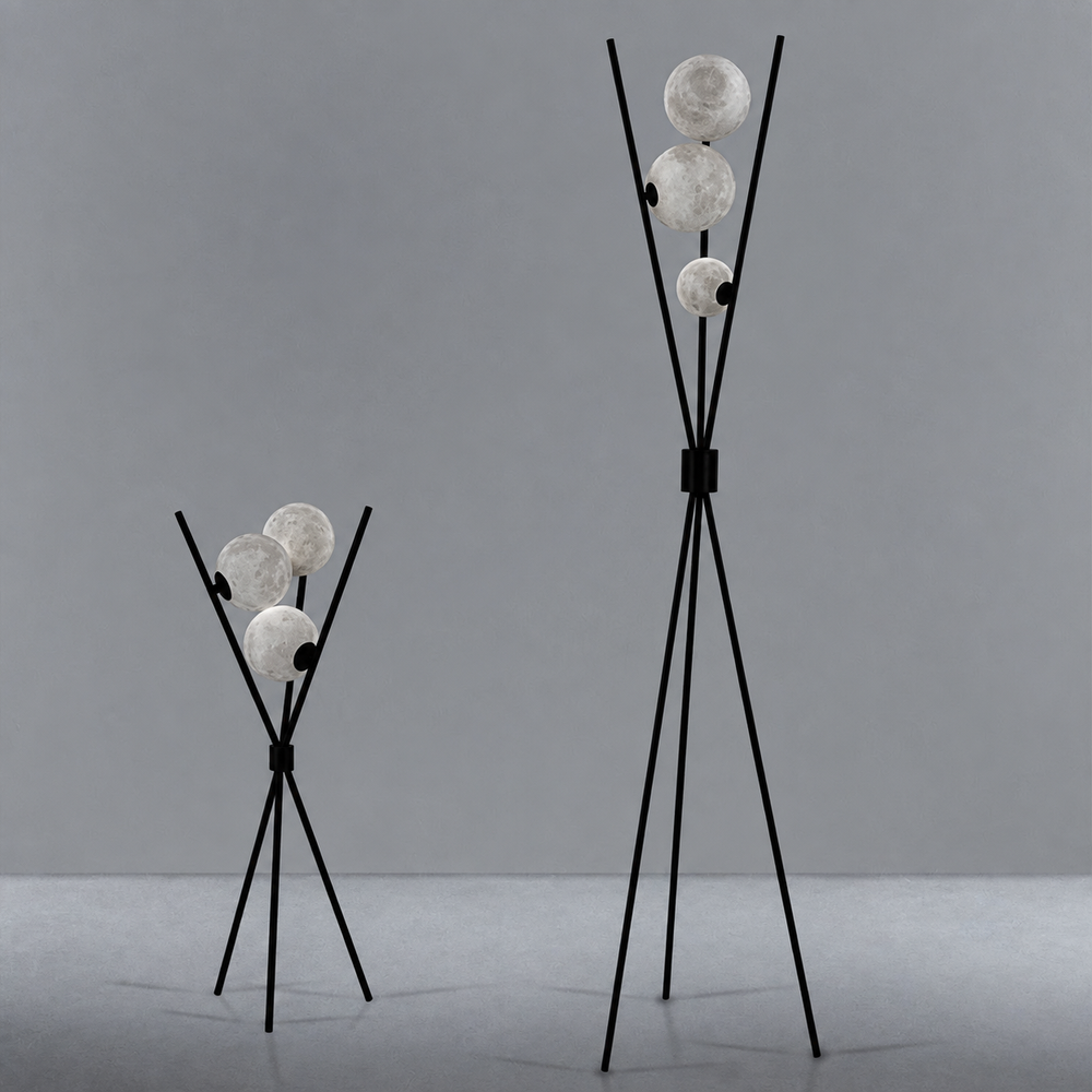 LunaGlow 3D Moon Floor Lamp – Modern LED Tripod Lamp with Satin Glass Globes — light off, digitally edited atmosphere preview