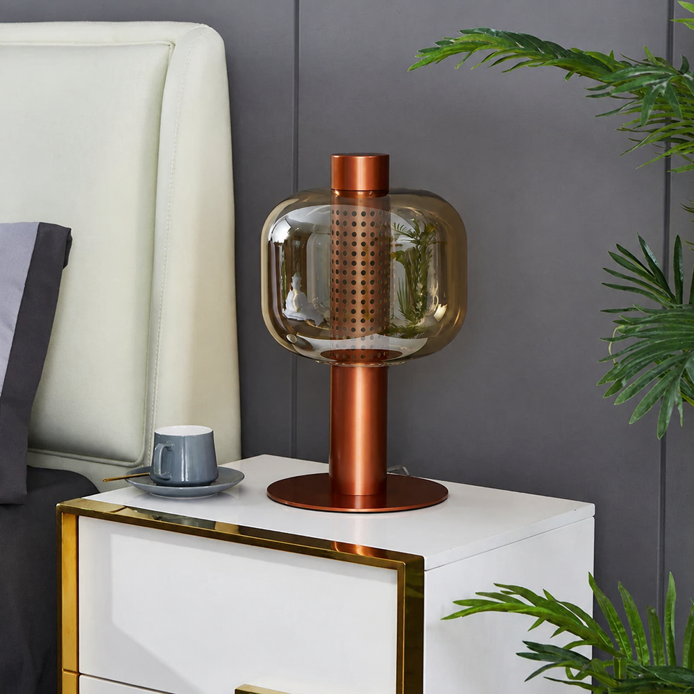 BonboriGlow Nordic Glass Lamp – Minimalist Amber & Smoke Grey Designer Lamp — light off, digitally edited atmosphere preview