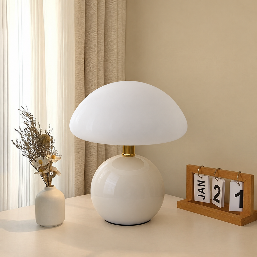 French Cream Mushroom Lamp – Elegant Bauhaus-Inspired Table Lamp — light off, digitally edited atmosphere preview