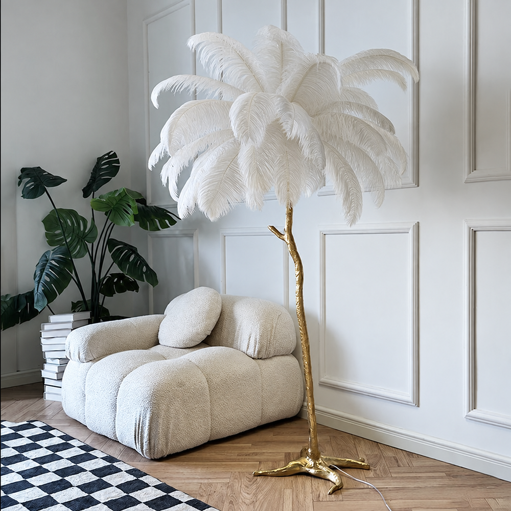 Nordic Ostrich Feather Floor Lamp – Luxury Statement Lighting with Soft Ambient Glow — light off, digitally edited atmosphere preview