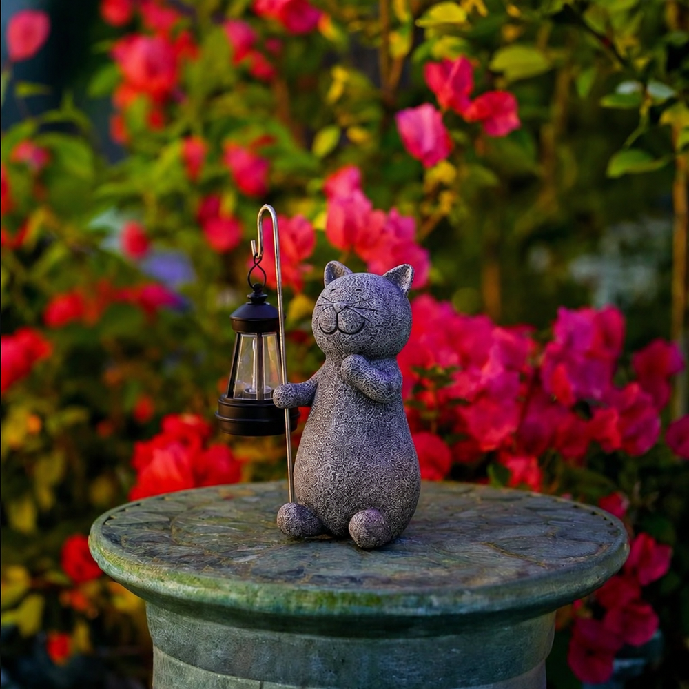 Golden Glowing Cat Garden Lamp – Solar Decorative Cat Statue Light | Outdoor Garden Lighting — light off, digitally edited atmosphere preview