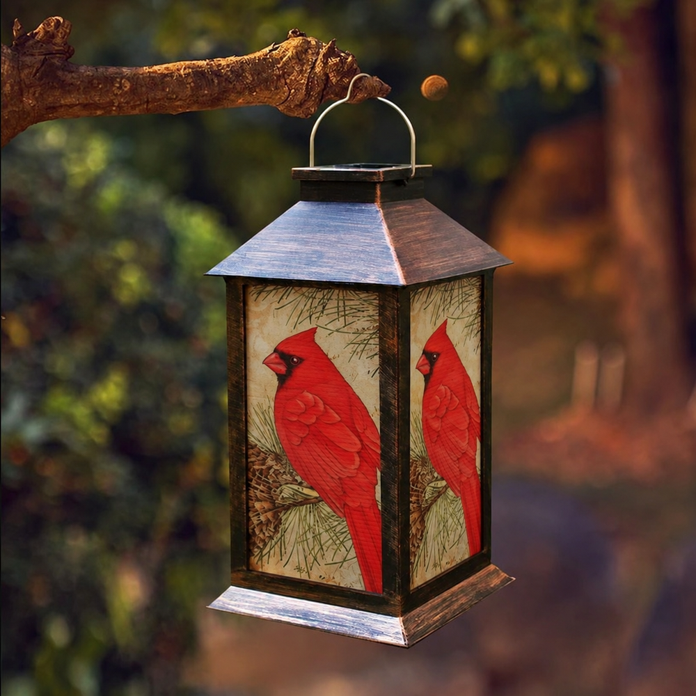 Charming Cardinal Lantern – Solar Decorative Outdoor Lantern | Portable Garden Lighting — light off, digitally edited atmosphere preview
