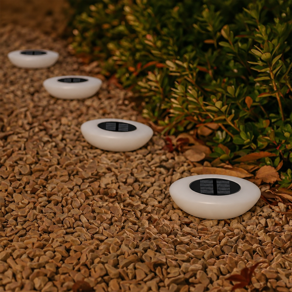 SOLAR360 LED Ground Lights – Solar Outdoor Landscape Lighting | IP65 Waterproof 360° Illumination — light off, digitally edited atmosphere preview