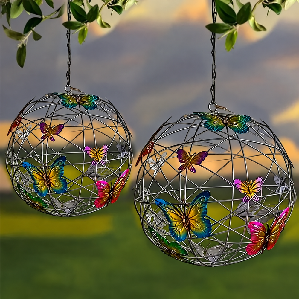 ButterflyGlow Solar Hanging Light – Waterproof LED Garden Lantern | Decorative Outdoor Sphere Light — light off, digitally edited atmosphere preview