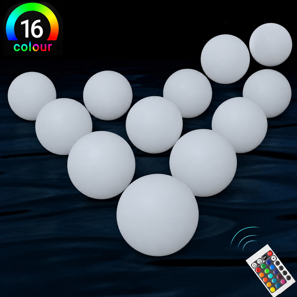 AquaSphere RGB Floating Pool Lights – Waterproof LED Glow Balls with Remote Control | Colour-Changing Pool & Garden Lighting — light off, digitally edited atmosphere preview