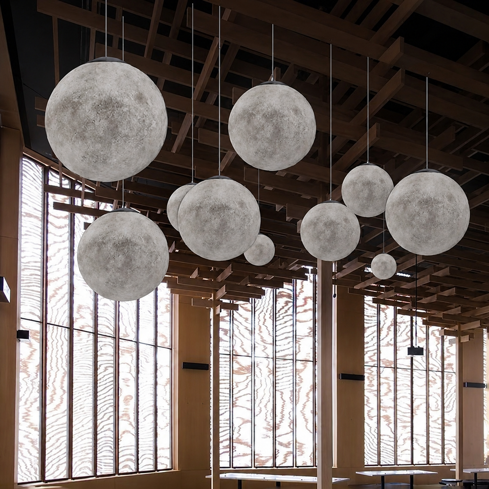 Moon Pendant Light – Modern Moon-Inspired Hanging Lamp | Integrated LED Ambient Lighting — light off, digitally edited atmosphere preview