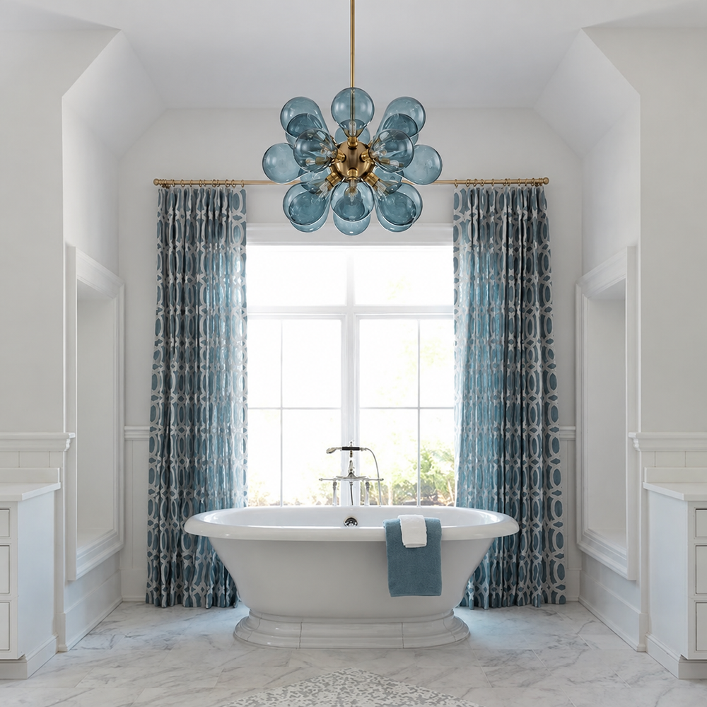 Blue Bubble Cluster Chandelier — light off, digitally edited atmosphere preview