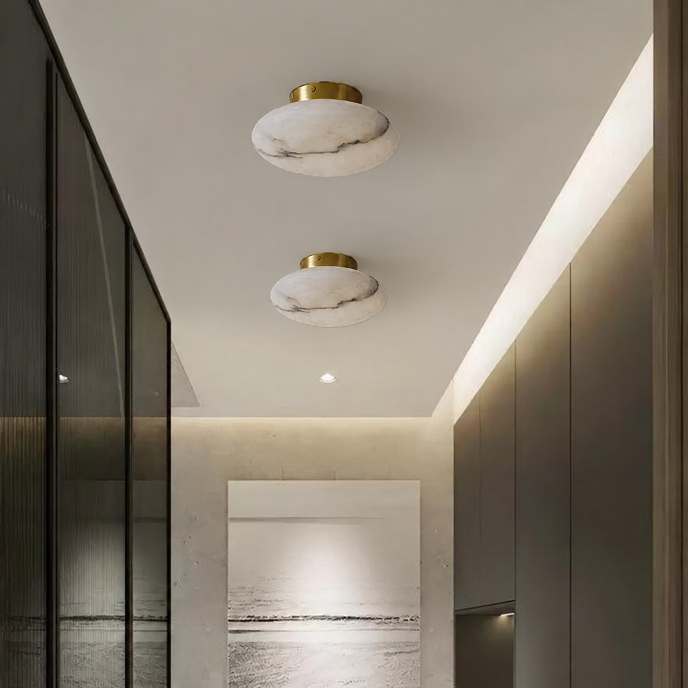 Oval Alabaster Ceiling Light – Luxury Brass Flush Mount Lamp | Minimalist Ambient Interior Lighting — light off, digitally edited atmosphere preview