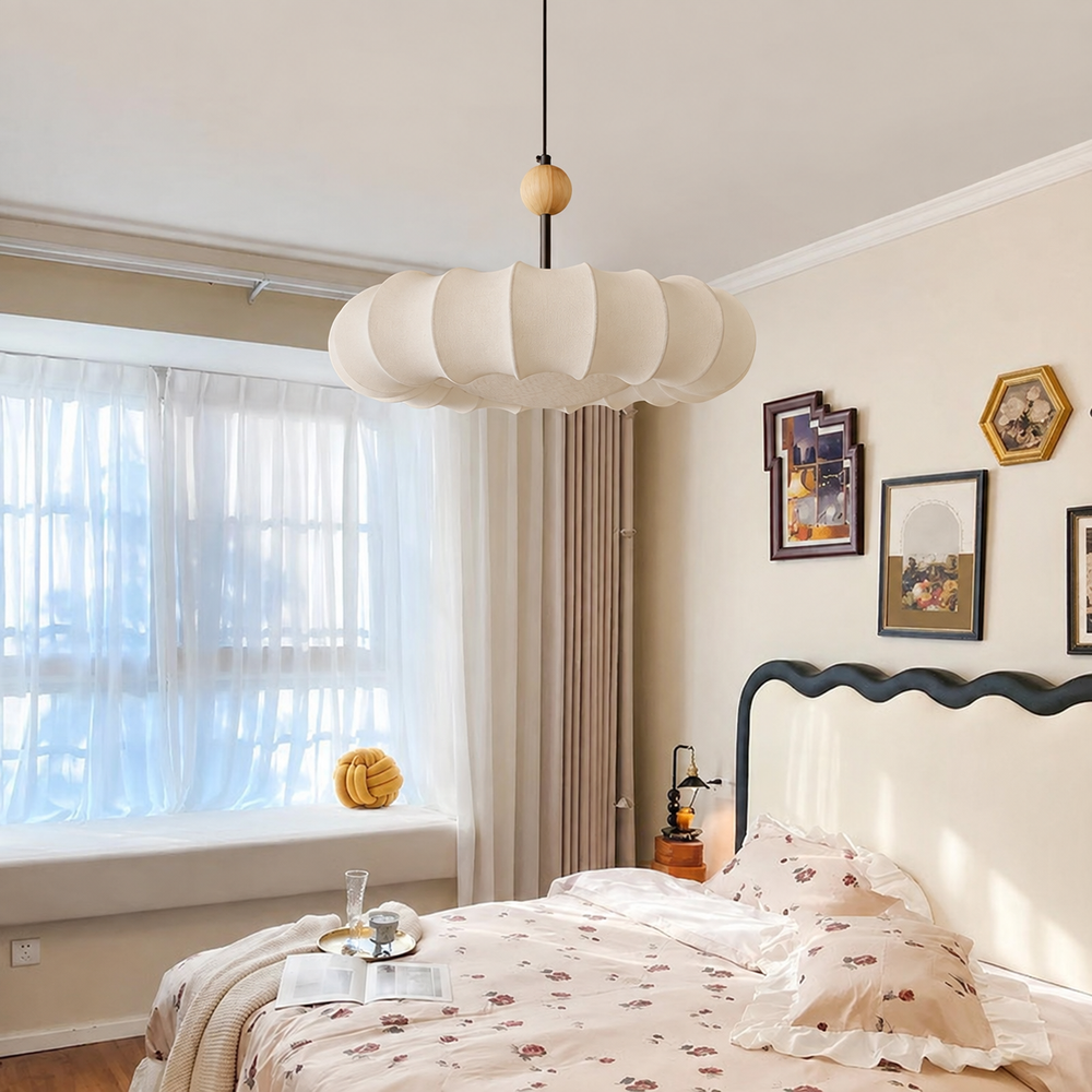 Veil Fabric Pendant Light – Modern LED Hanging Lamp | Soft Luxury Interior Lighting — light off, digitally edited atmosphere preview