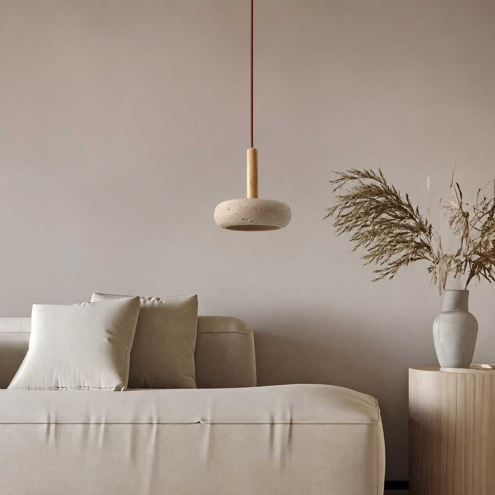 OSHIRA Travertine Pendant Light – Wabi-Sabi Natural Stone Hanging Lamp | Minimalist Japandi Ceiling Lighting — light off, digitally edited atmosphere preview