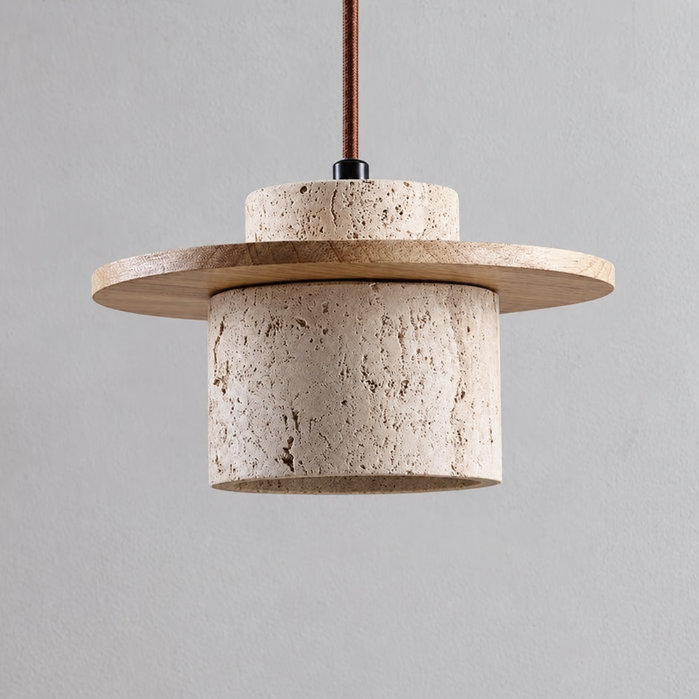 Travora Stone Pendant Light – Natural Travertine Hanging Lamp | Wabi-Sabi Ceiling Lighting for Refined Interiors — light off, digitally edited atmosphere preview