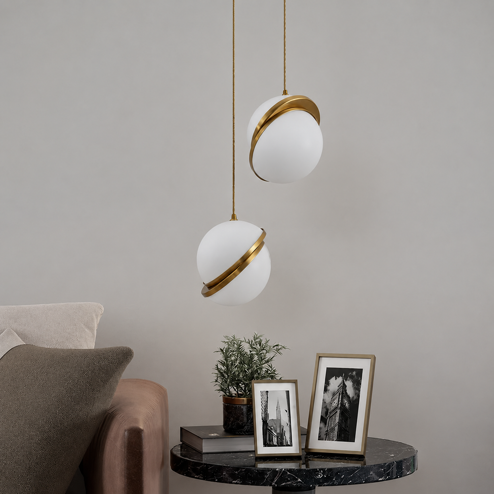 Crescent Globe Pendant Light – Modern Brass & Acrylic Chandelier | Luxury Ambient Ceiling Lighting — light off, digitally edited atmosphere preview