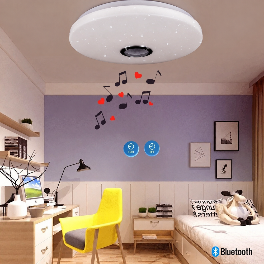 Smart LED Ceiling Light with Bluetooth Speaker – RGB Dimmable Flush Mount Lamp | Modern Multi-Function Lighting — light off, digitally edited atmosphere preview