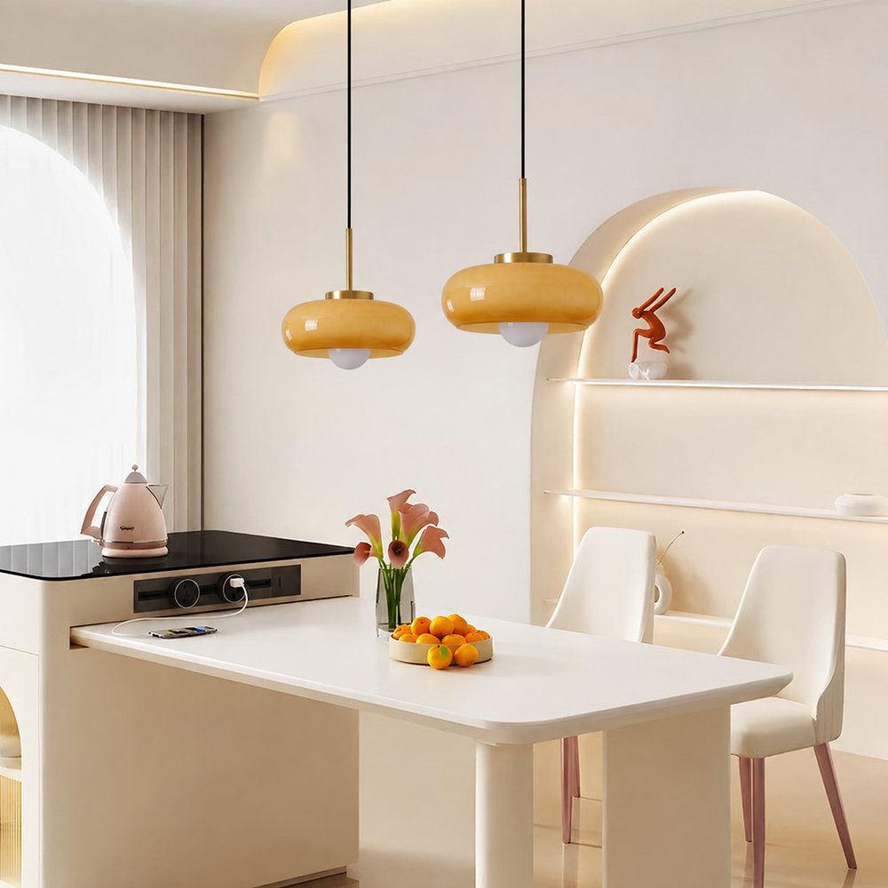 Copper & Glass Chandelier – Vintage Modern Ceiling Light | Elegant Ambient Interior Lighting — light off, digitally edited atmosphere preview