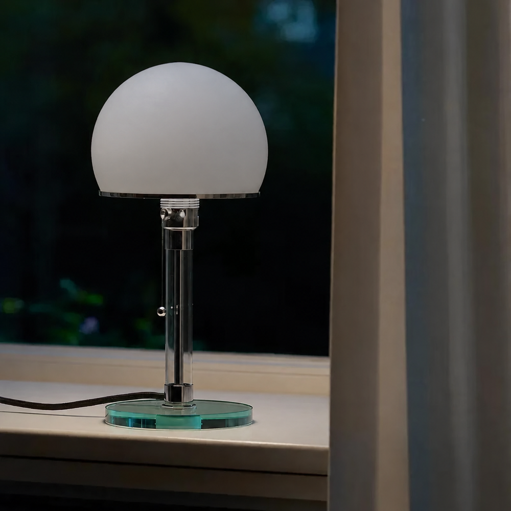 Luméhaus Table Lamp – Nordic Glass & Chrome Designer Lamp | Modern Ambient Lighting for Elegant Interiors — light off, digitally edited atmosphere preview