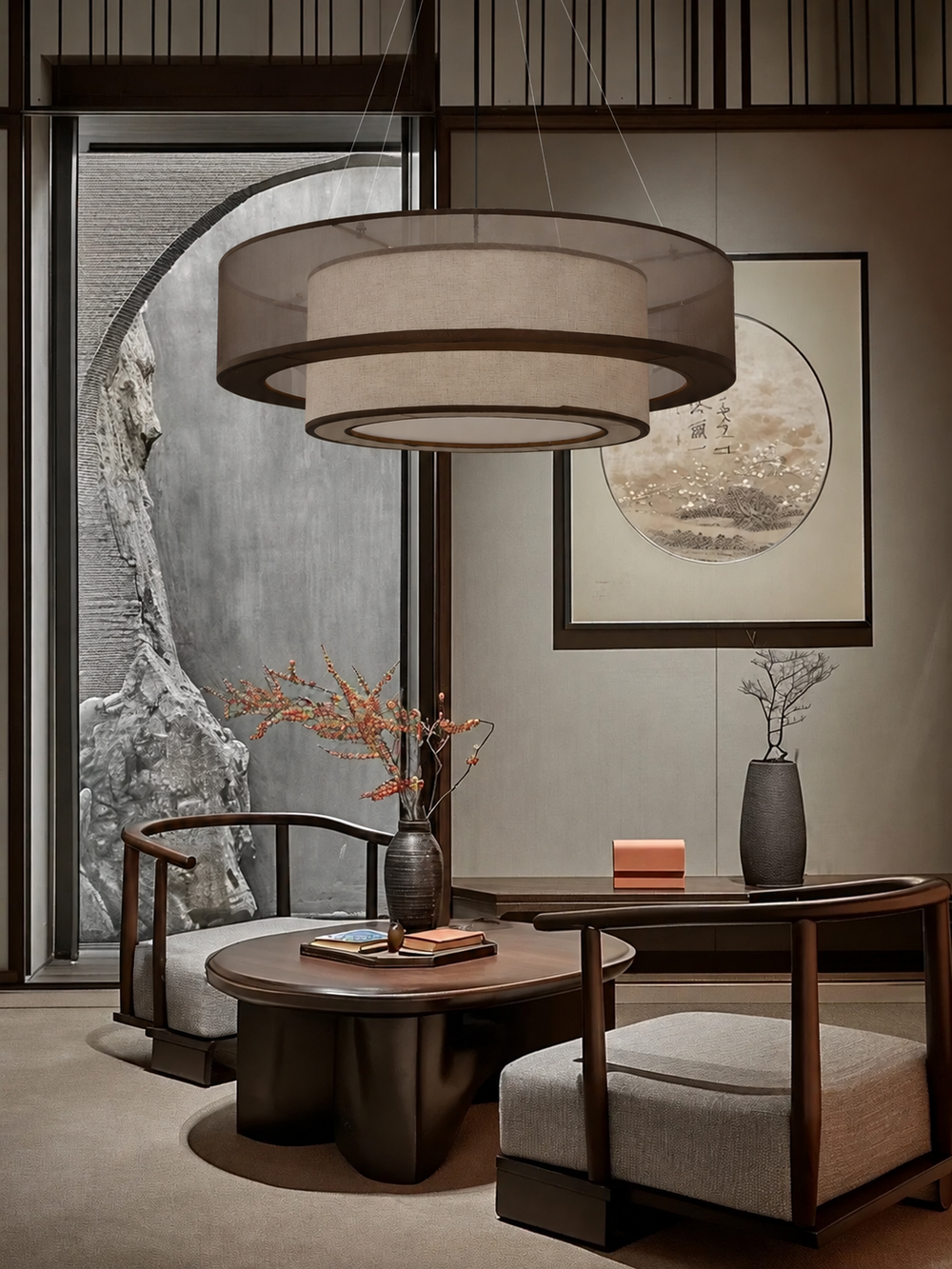Veloura Silk Pendant Light – Luxury Beige Hanging Ceiling Lamp | Soft Ambient Lighting for Modern Interiors — light off, digitally edited atmosphere preview