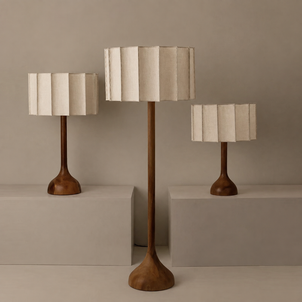 HikariWood Floor Lamp – Wabi-Sabi Wooden Standing Light | Japandi Ambient LED Lighting for Modern Interiors — light off, digitally edited atmosphere preview