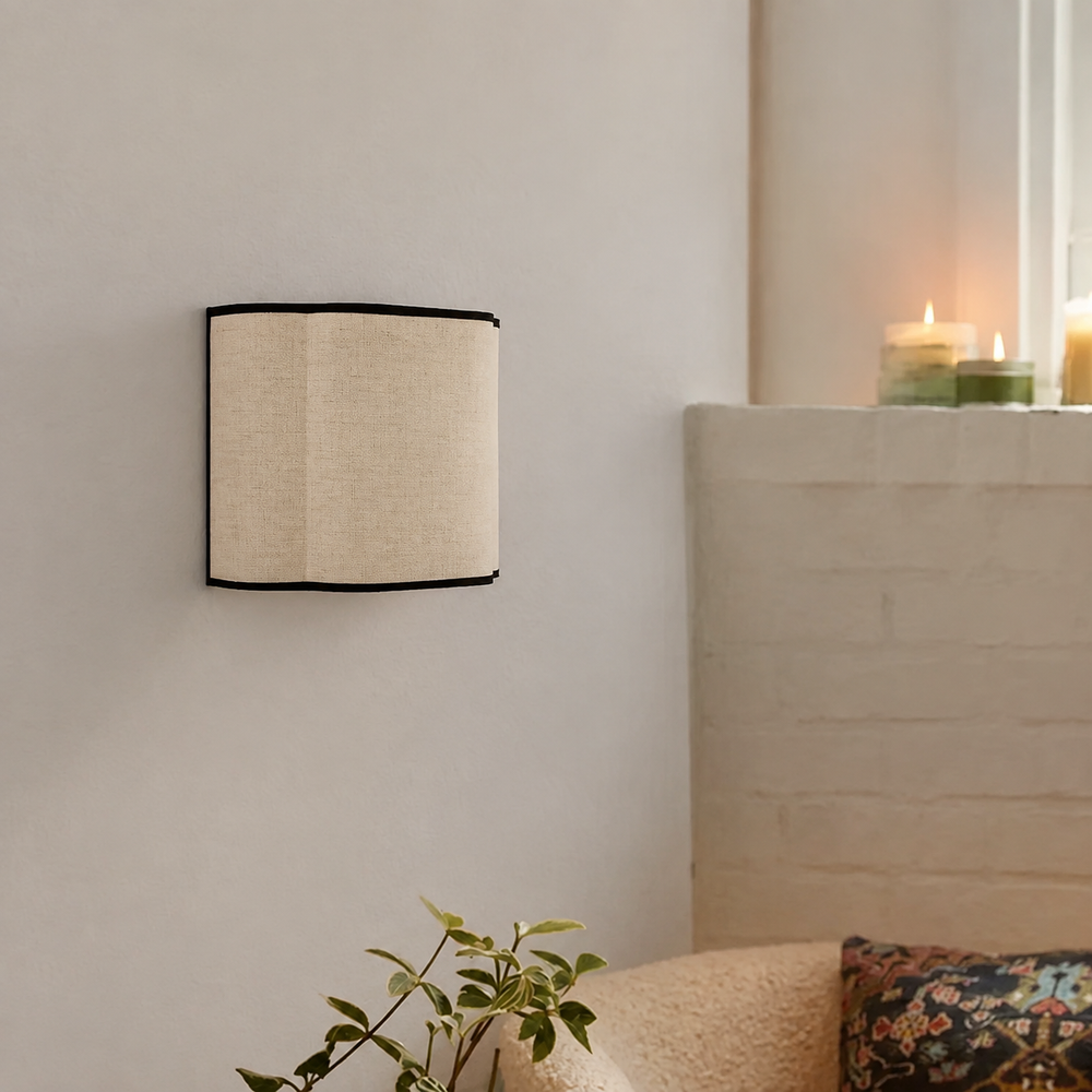 French Linen Wall Light – Cream Fabric LED Wall Sconce | Elegant Ambient Interior Lighting — light off, digitally edited atmosphere preview