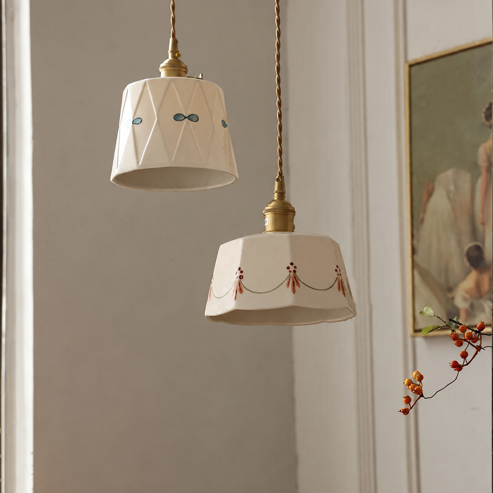 Japanese Ceramic Pendant Light with Brass Finish – Retro Minimalist Hanging Lamp | Warm Ambient Interior Lighting — light off, digitally edited atmosphere preview