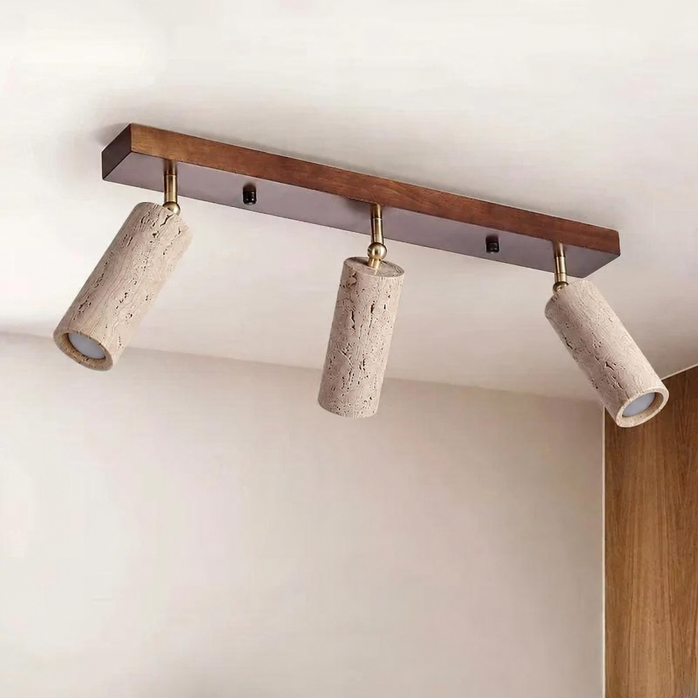 Travertine & Wood Ceiling Spotlight – Wabi-Sabi LED Flush Mount Light | Japandi Accent Interior Lighting — light off, digitally edited atmosphere preview