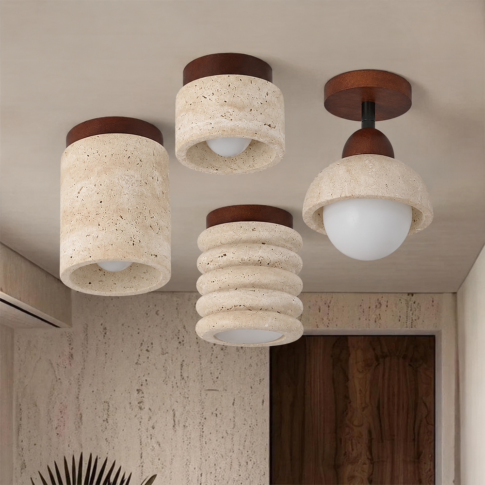 Travertine & Walnut Ceiling Light – Wabi-Sabi Japandi Flush Mount Lamp | Natural Ambient Interior Lighting — light off, digitally edited atmosphere preview