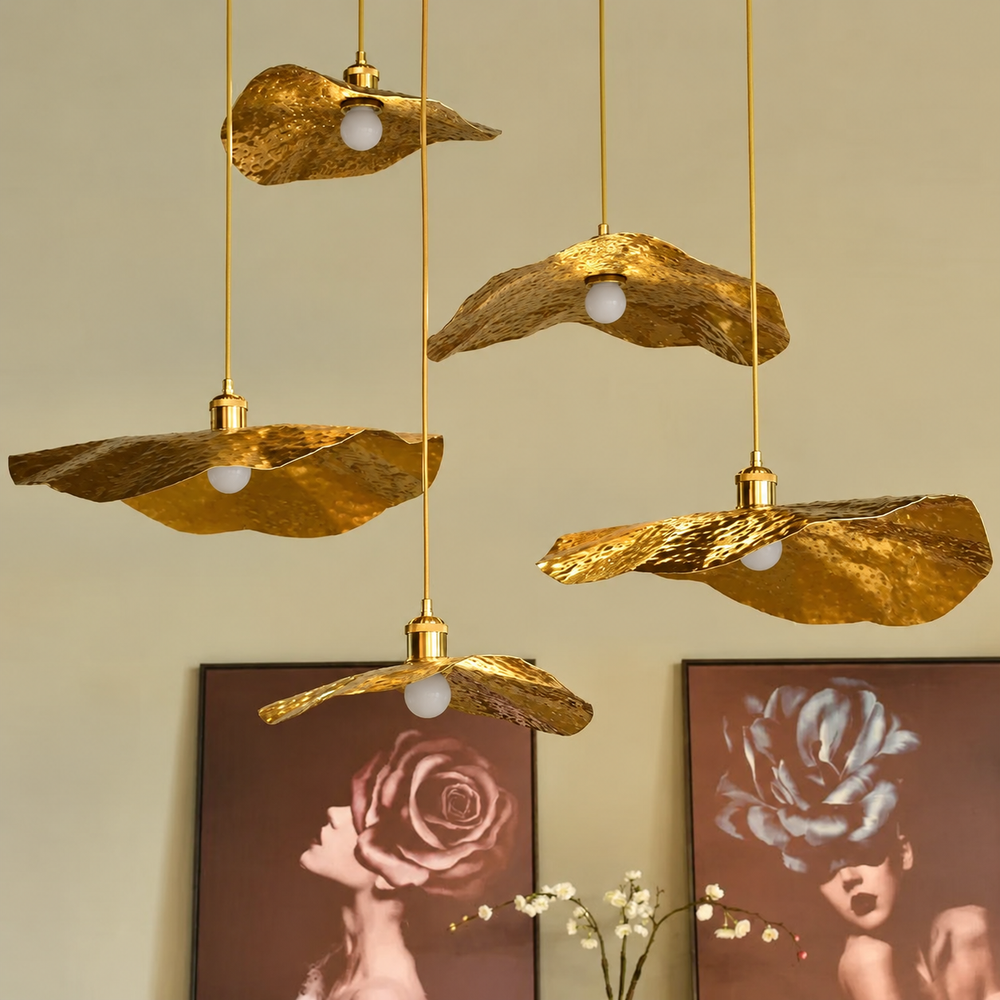 Gold Lotus Pendant Light – Vintage Zen Ceiling Lamp | Luxury Ambient Hanging Lighting — light off, digitally edited atmosphere preview