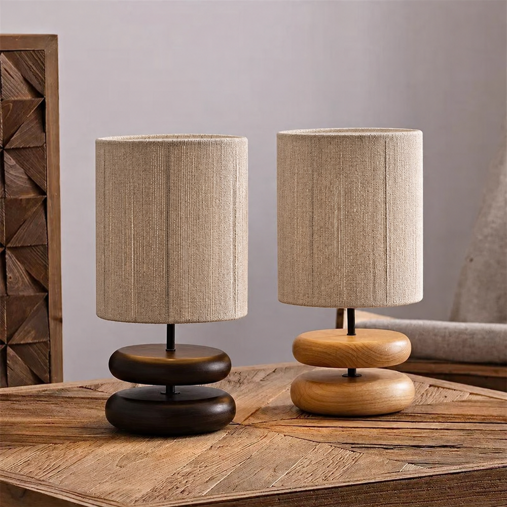 Japanese Wood Table Lamp with Jute Detail – Minimalist LED Bedside Light | Warm Zen Interior Lighting — light off, digitally edited atmosphere preview