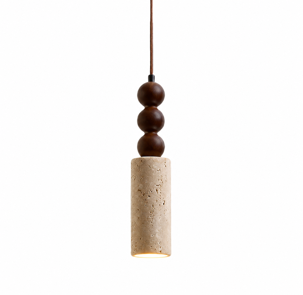 Wabiora Pendant Light – Travertine Stone & Wood Ceiling Lamp | Japandi Ambient Lighting | Natural Interior Harmony — light on, digitally edited atmosphere preview