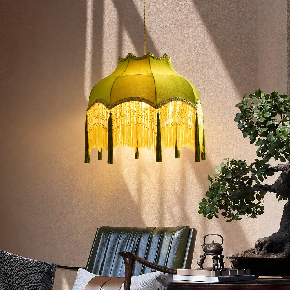 Versailles Tassel Pendant Light – French Vintage Chandelier | Luxury Fabric Ceiling Lamp | Timeless Interior Elegance — light on, digitally edited atmosphere preview